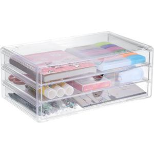 BTSKY Clear Acrylic Drawer Organizer, Stackable Storage Container with 3 Wide Drawers, Desk Organizer for Stationery Study Essentials Makeup Jewelry, Multipurpose Storage Box for Office and Home