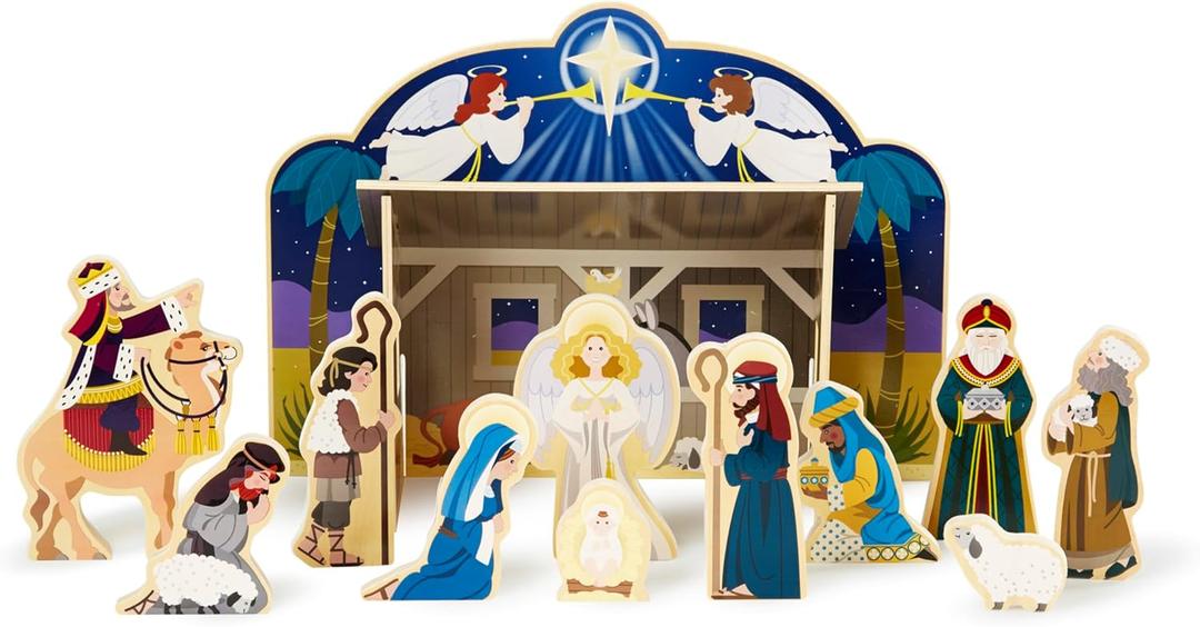 Melissa & Doug Classic Wooden Christmas Nativity Set with 4-Piece Stable and 11 Wooden Figures