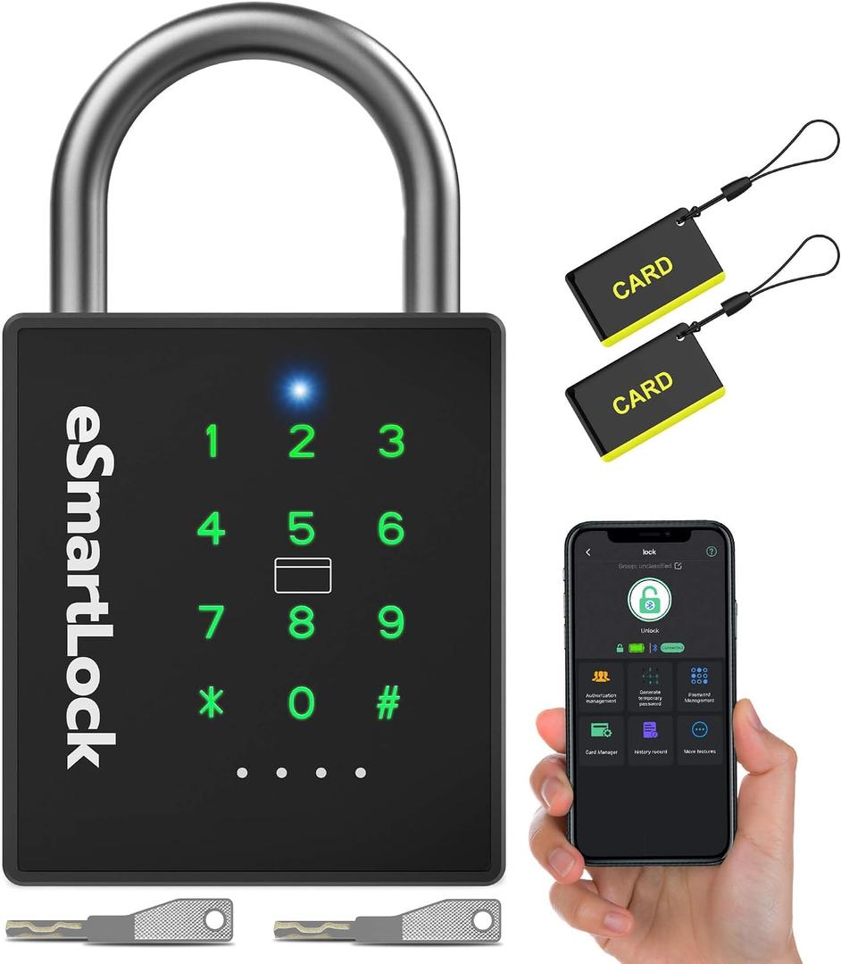 eLinkSmart Heavy Duty Smart Padlock with Key, Pad Lock with Code Keypad, Weatherproof Bluetooth RFID Keyless Electronic Digital Combination Lock for Gate Outdoor Fence Storage Unit Locker Shed Pool