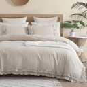Bedorm Beige King Comforter Set Ruffled Bedding Comforter Shabby Chic Ruffle Fringe Coquette Bedding Boho Farmhouse Quilt Bedding Set for All Season