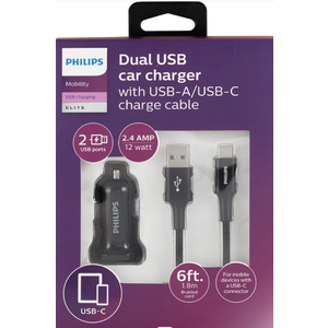 Philips Charging Pack 1 DC Charger 2 USB 2.4A & 1USB-A-C Cable Braided