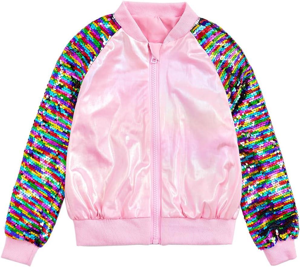 ZYBOUTIC Girls Sequin Jackets Kids Sparkle Jacket Zip Up Outwear Toddler Boys Glitter Sleeve Shiny Metallic Coat Birthday Cloth Christmas Rainbow Pink02 8 Years
