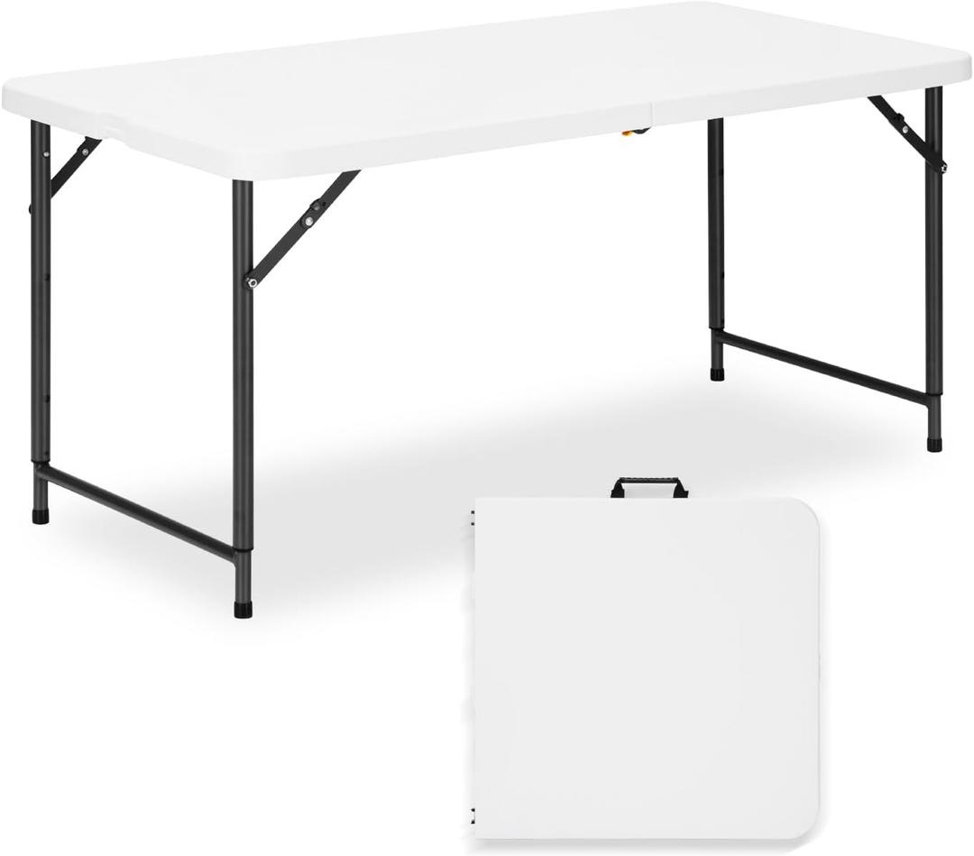 4ft Folding Table with Adjustable Height, 3-Level Foldable Table with HDPE Top & Steel Legs, Portable 4 Foot Folding Table for Picnic, Party, Craft, Indoor Outdoor Use, White