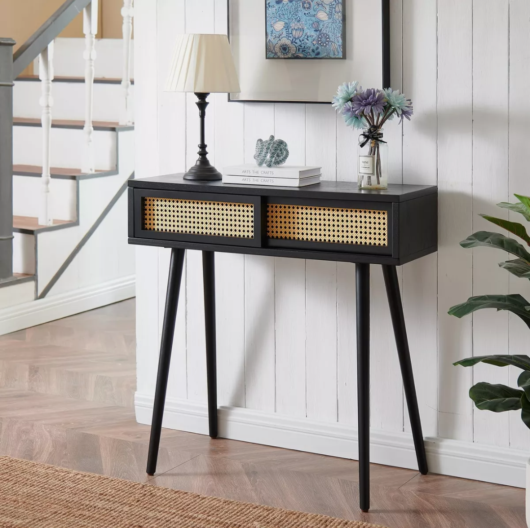 Hotraffy Rattan Console Table, Boho Entryway Tables, Vanity Desk, Rattan Dresser, Farmhouse Wood Sofa Table Behind The Couch, Modern Narrow Side Table for Hallway, Living Room, Foyer, 31", Black