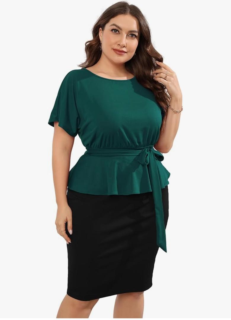 KOJOOIN Women Plus Size Bodycon Elegant Midi Dress Peplum Business Work Office Sheath Pencil Cocktail Party Dress with Belt Size 2XL