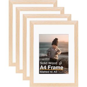 KINLINK A4 Picture Frame, White Oak Solid Wood Frames with Acrylic Plexiglass for Pictures A5 with Mat or A4 without Mat, Tabletop and Wall Display Photo Frame 4 Pack