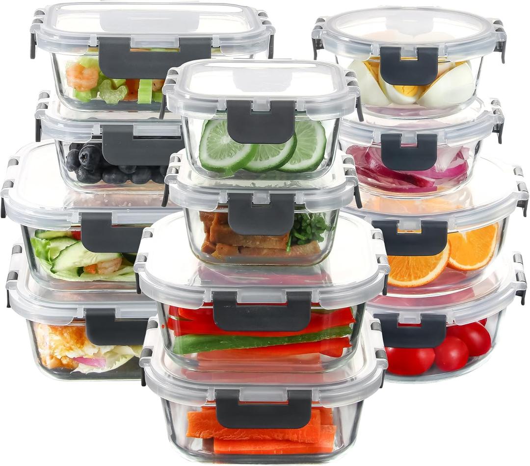 C CREST Food Storage Glass Containers Set of 12 with Locking Lids, Multi-Size, Airtight Seal for Freshness, Perfect for Meal Prep and Storage (Grey)