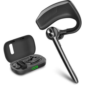 Bluetooth Headset Wireless Earpiece Microphone 180H Playtime 1000mAh Wireless Charging Case Handsfree Single Ear Headset LED Display for iPhone Android Cellphones PC Computer Trucker Drivers Work Game