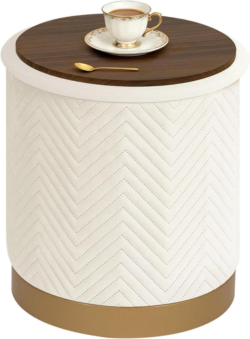 B FSOBEIIALEO Ottoman with Stroage, Round Velvet Storage Ottoman with Gold Plating Base,Foot Rest Stool for Dorm Room, Living Room White, 14.76"x14.76"x16.36"