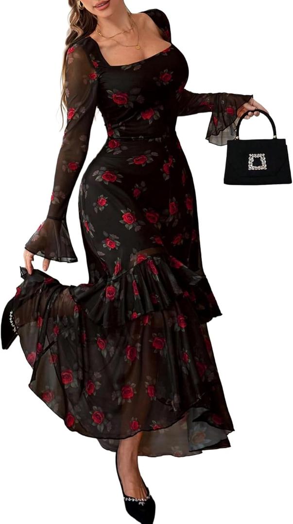 GothDark Women's Floral Mesh Dress Elegant Long Sleeve Square Neck Double Layer Ruffle Hem Casual Wedding Guest Maxi Dresses XXL