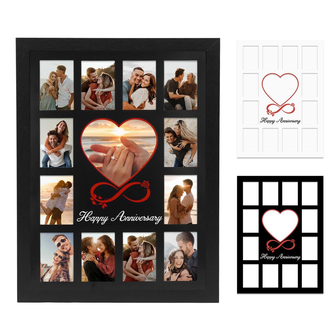 FramePro 12x16 Heart Anniversary Collage Picture Frame, DIY Names Custom Multi Photo Frame Holds 13 Photos, Anniversary Decorations Gifts for Couples Husband Wife, 1st Year Wedding & Valentine’s Day Gift Ideas (Black)
