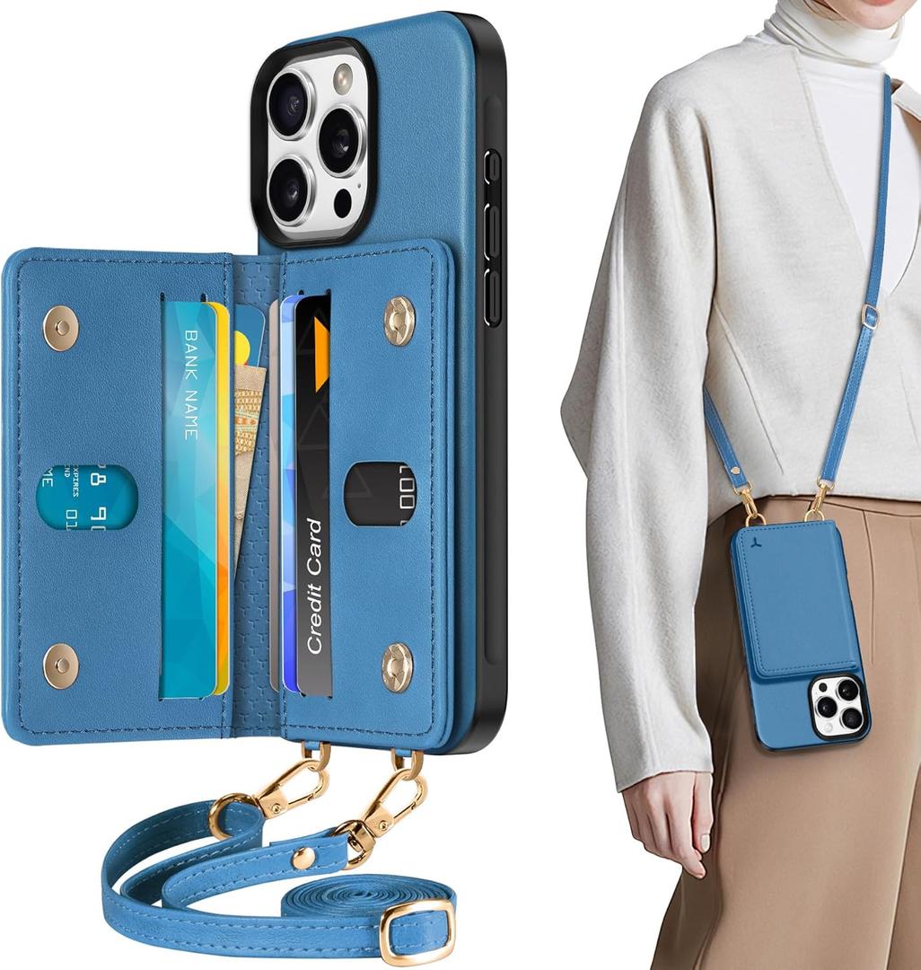 TUCCH Crossbody Case Wallet for iPhone 16 Pro, [Detachable Adjustable Lanyard] PU Leather Magnetic Closure Folio RFID Blocking [6 Card Slots], Protective Phone Cover for iPhone 16 Pro 6.3", Lake Blue