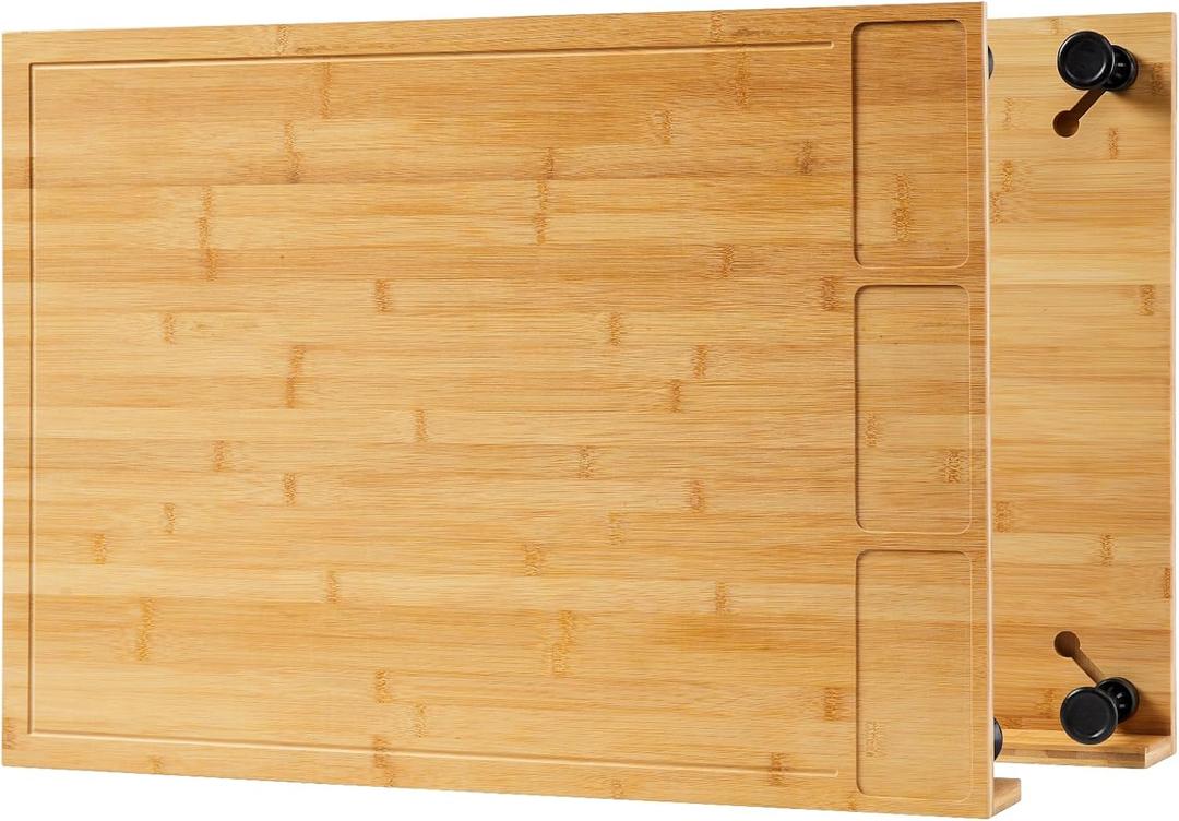 GarveeHome Bamboo Cutting Board & Stovetop Cover - Raised Chopping Board with Detachable Legs, Juice Groove & Compartments - Versatile Sink Cover for Home and Restaurant Kitchen Countertops (29.5"L x 21.3"W)