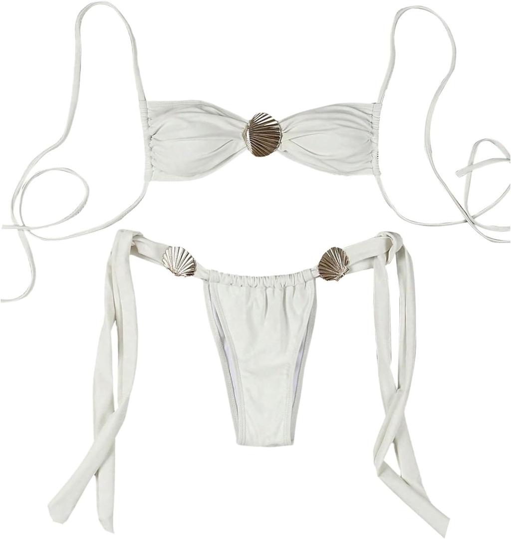 SHENHE Women's Cheeky Two Piece String Bikini Set Shell Ring Ruched Brazilian Thong Swimsuits (White), Small