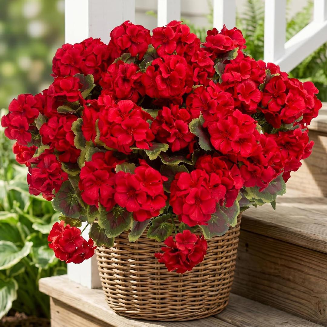  8 Pcs Artificial Geranium Plant Realistic Silk Flowers for Outside UV Resistant Faux Geraniums Flowers for Indoor Outdoor Home Garden Office Decoration (8, Red)