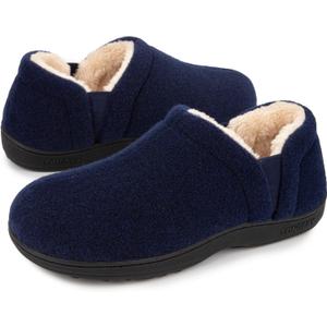 LongBay Men's Slippers Warm Felt Bedroom House Shoes Winter Slip-On Memory Foam Bootie Slippers for Indoor Outdoor (Navy Blue, Size 13-14)