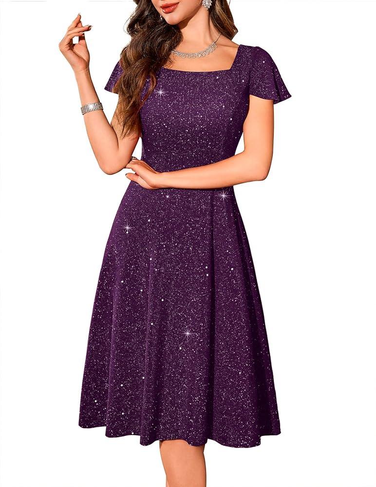 BeryLove Prom Dress for Teens: Sequin Formal Party Dress with Flutter Short Sleeves for Wedding & Cocktail Evening Events S