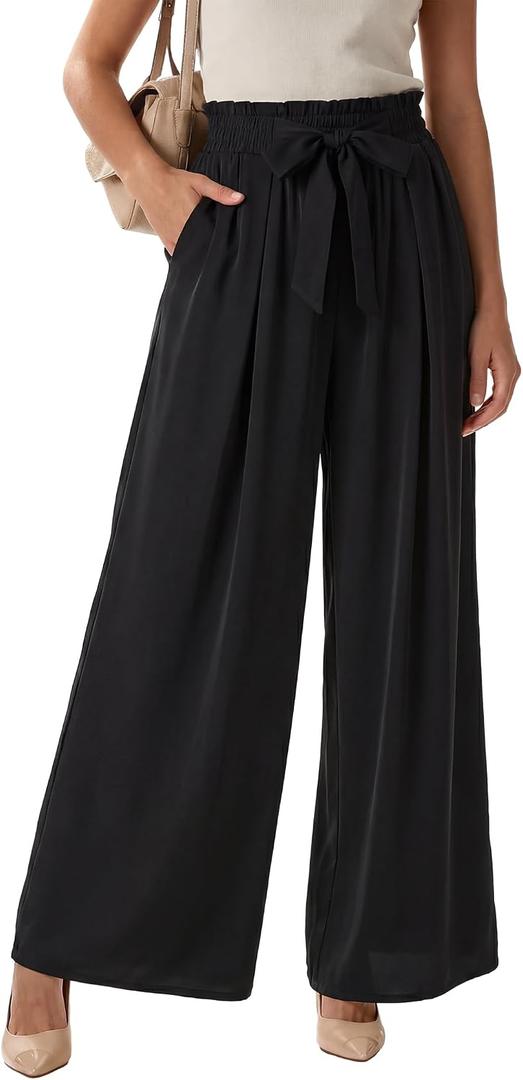 Wide Leg Casual Business Pants for Women Palazzo Trousers High Waisted Belted Flowy Summer Beach Long Slacks Pockets Black (Black, S)