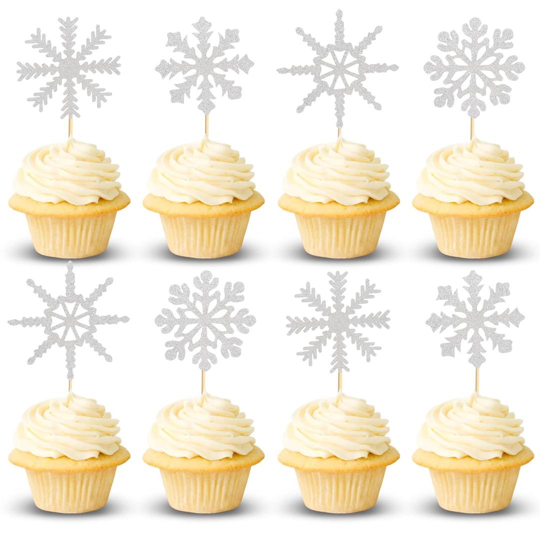 Arthsdite 24pcs Snowflake Cupcake Toppers Winter Theme Snowflake Cupcake Picks Baby Shower Kids Birthday Christmas Party Cake Decorations Supplies - Silver Glitter (Ad-21-401-fp3)