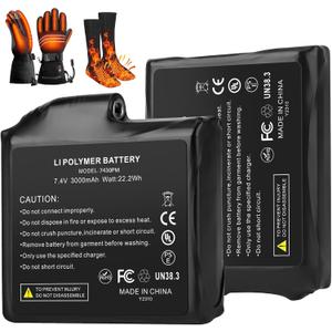7.4V Battery Pack for Heated Gloves Socks, USB Charging Cable Rechargable Lithium Polymer Batteries for Heated Gloves Socks Hats Mittens Heating Pad (3000mah, 2)