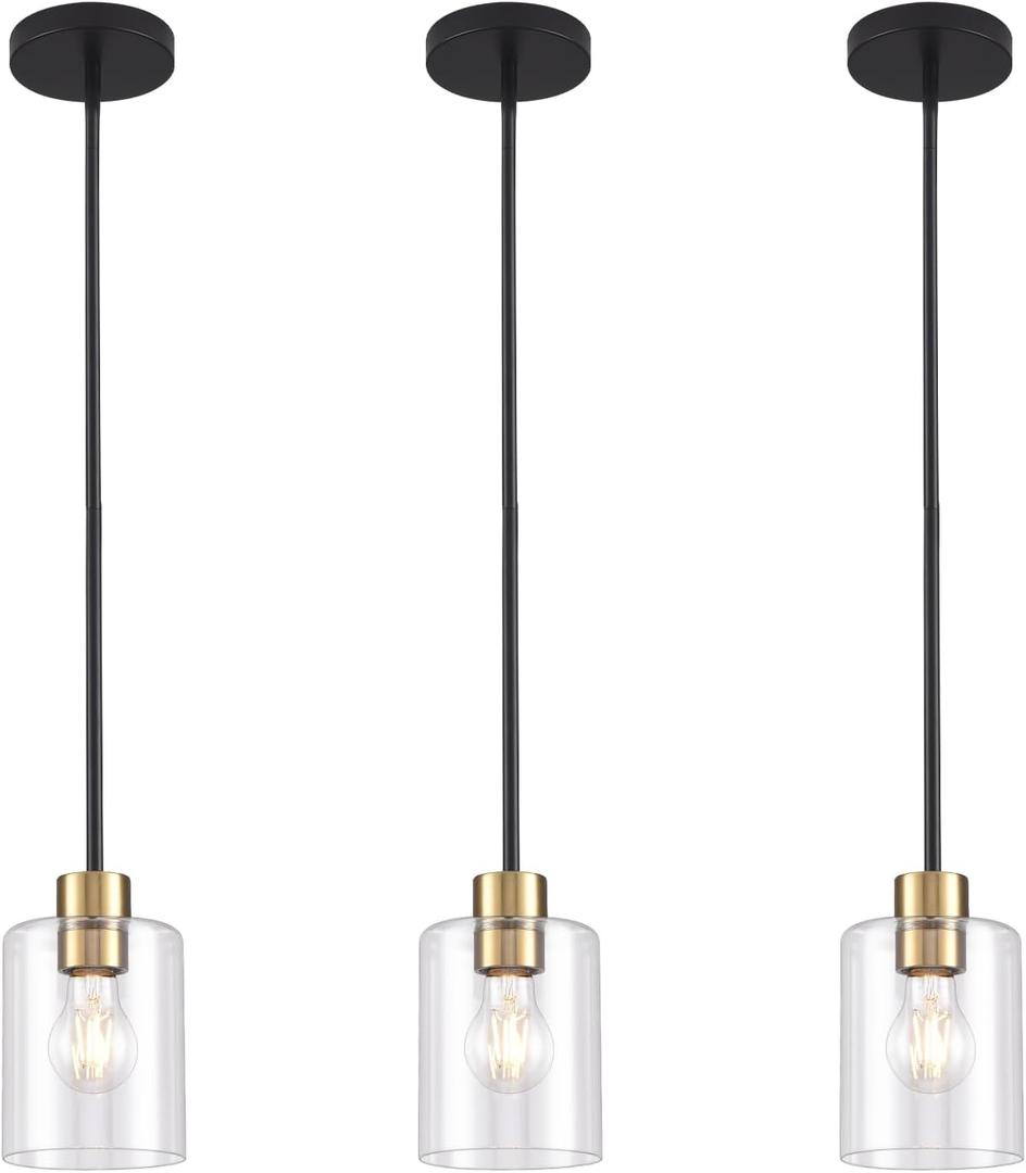 Black Brass Pendant Lights Kitchen Island - Clear Glass Brass Gold Pendant Light Fixture Multiple Stems Rods 3 Units 12 Inch 3 Units 4 Inch (3 Pack Black Brass Downrod)