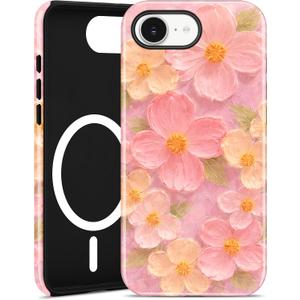Jusy Magnetic Oil Painting Flower Floral Case for iPhone 12 Pro Max, Pink | Compatible with MagSafe, Cute Aesthetic Flower Design, TPU and PC Protective Phone Cover