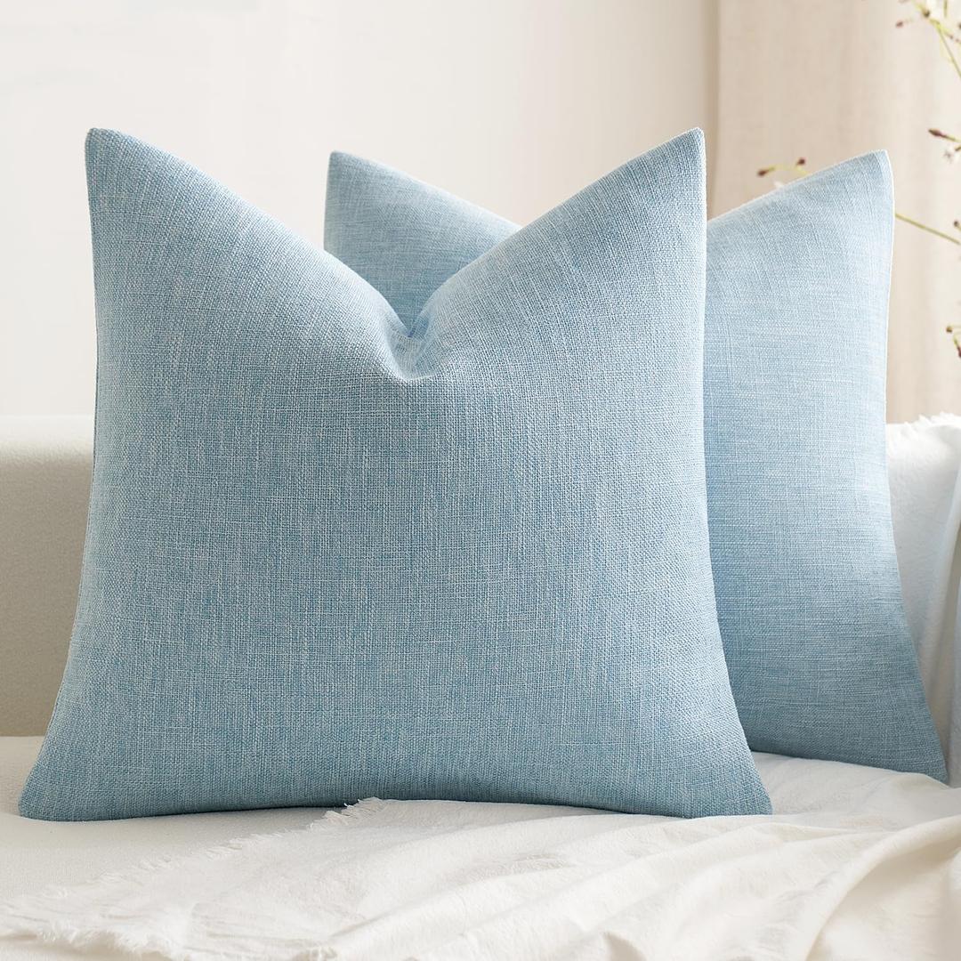 MIULEE Pack of 2 Decorative Farmhouse Linen Pillow Covers Rustic Boho Accent Outdoor Couch Throw Pillow Covers for Cushion Bed Sofa Living Room Home Decor 18x18 Inch Light Blue