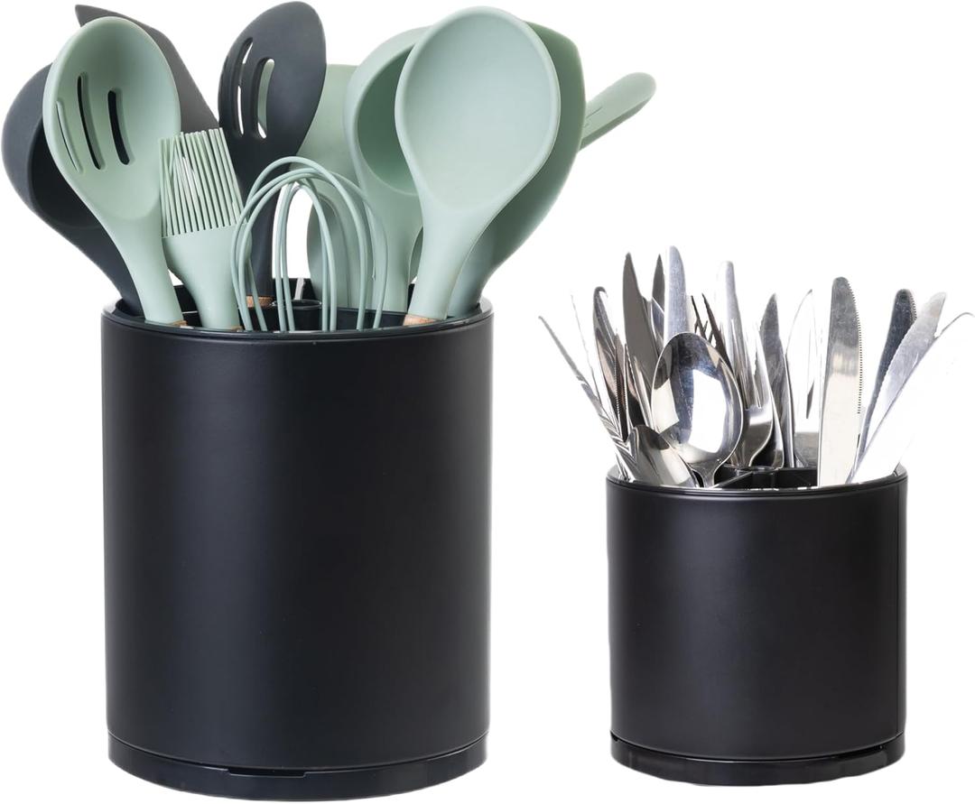 LIBODOUR Kitchen Utensil Holder Extra Large Rotating For Counter Organizer Stainless Steel Storage Cooking Silverware Caddy 3 Compartment Flatware Spoon Spatula Tool Cutlery Container2 Set Black