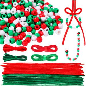 Jutom 1042 Piece Christmas Pony Beads Kit 1000 Red Green White Plastic Beads 40 Christmas Pipe Cleaners 2 Feet Ribbons for Xmas Tree Wreath Decorations DIY Crafts Jewelry Making(Assorted Color)