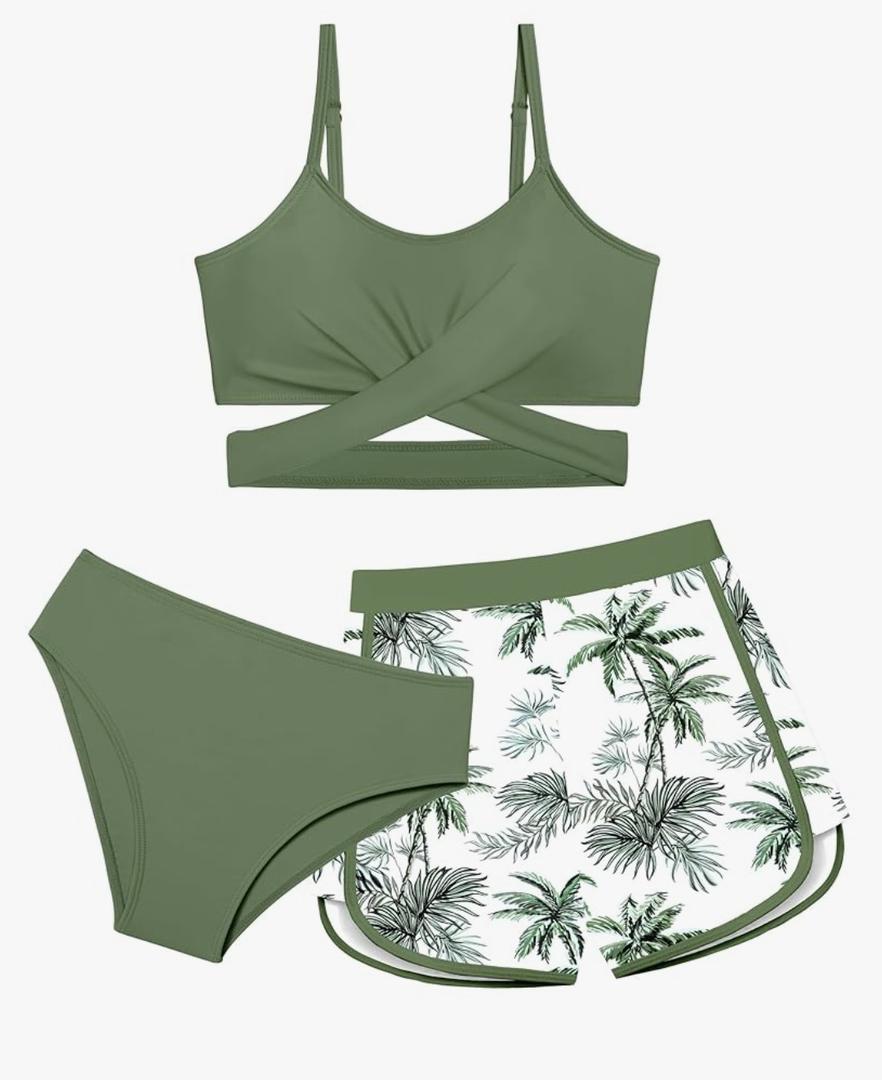 Girls Swimsuit 3 Piece Bathing Suit Criss Cross Bikini Set Girls' Swimwear with Shorts 11-12Y