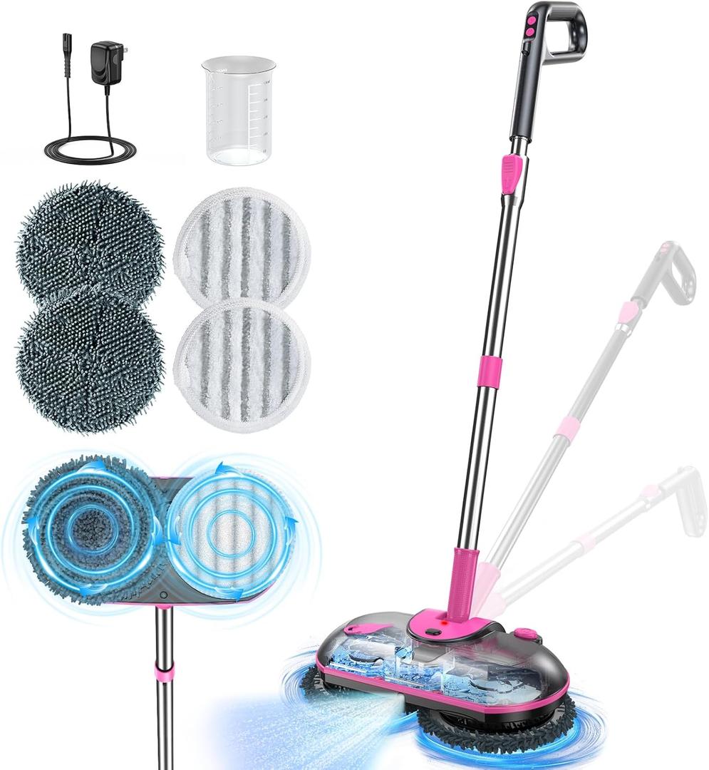 ScrubWiz Cordless Electric Spin Mop with Water Sprayer, Self-Propelled Floor Cleaner for Hardwood & Tile, Quiet Cleaning, Adjustable Handle, 2500mAh Long-Lasting Battery, 300ml Tank (Pink)
