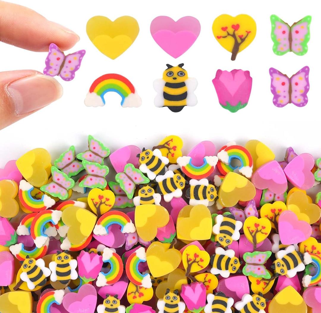 120pcsMini Cute Pencil Erasers for Kids Bulk Jelly Heart Bee Butterfly Rainbow Cute Small Erasers for Kids School Exchange Holiday Easter Party Supplies Goodie Bag Stuffers