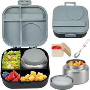 Bento Lunch Box for Kids with 12oz Soup Thermo,4 Compartments Lunch Box Containers Kids, Spoon&Sauce Jar, BPA Free&Leak proof,Insulated Food Jar for Travel(Black)