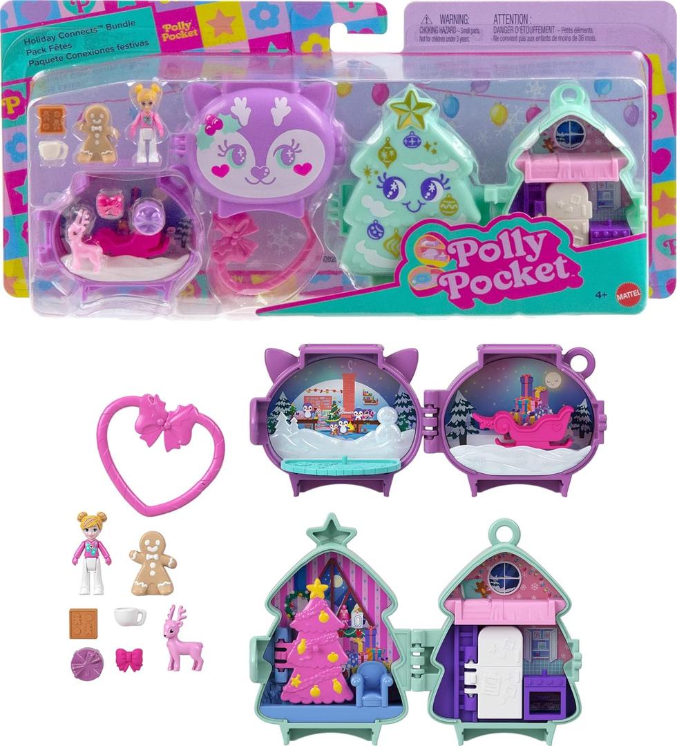 Polly Pocket Mini Toys, Holiday Stackable Compact Playset Bundle with Micro Doll, Accessories, Pet Animal, Travel Toy with Clip