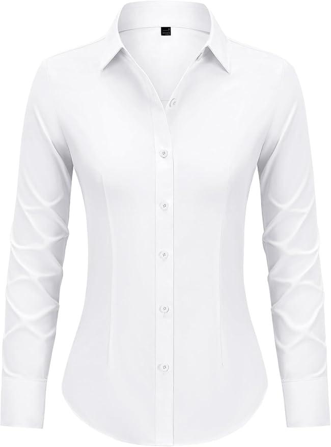 Button Down Shirts for Women Fitted Dress Shirt Wrinkle Free Collared Blouse Work Business Office Attire Fall Outfits, M