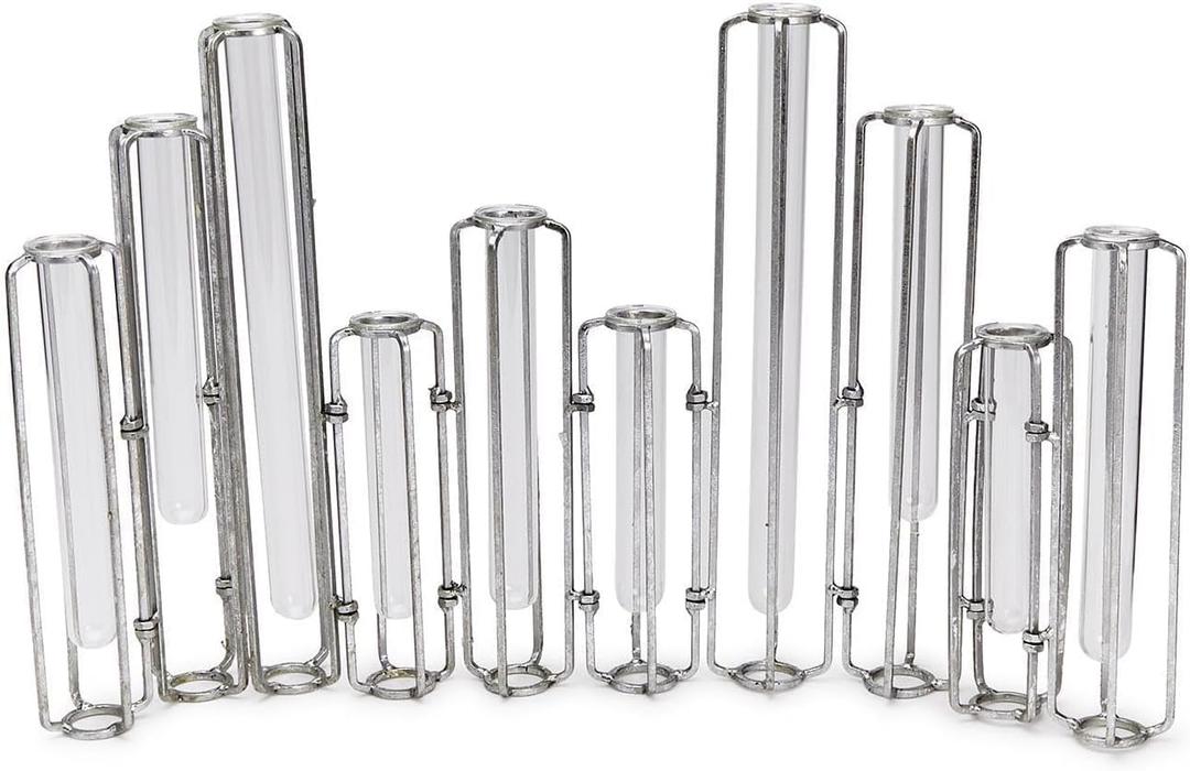 Two's Company Silver Lavoisier Set of 3 Hinged Flower Vases with Antiqued Silver Leaf Finish - Metal/Glass, MIN106-S