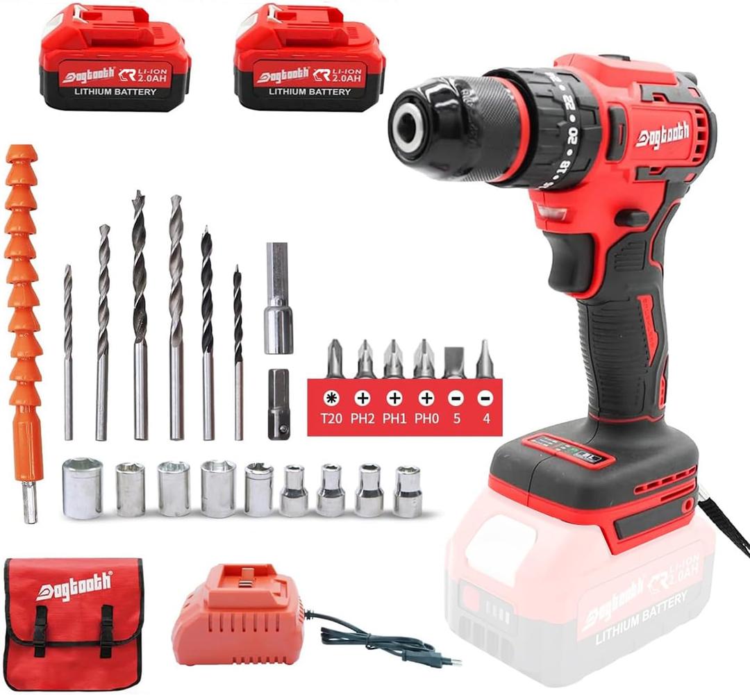 DOGTOOTH 21V MAX Cordless Drill Driver Kit with 2 * Batteries and Charger, Compatible with Makita 18V Battery Build-in LED, Variable Speed Trigger, 0-1500 RPM, Brushless Motor, Bits, Carry bag