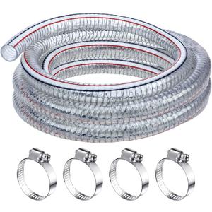 Frienda Heavy Duty Steel Wire Flexible Tubing with Fasteners PVC High Pressure Oil Drain Hose Tube Clear Wire Reinforced for Pond Marine Bilge Pump Garden Pool(6.6 Ft, 1-1/2Inch Id)