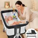 4-in-1 Baby Bassinets Bedside Sleeper, Bedside Bassinet with Wheels, 6-Height Adjustable Bassinet with Soft Mattress, Mosquito Net, Soothing Toy for Newborns & Infants(Black), Crib