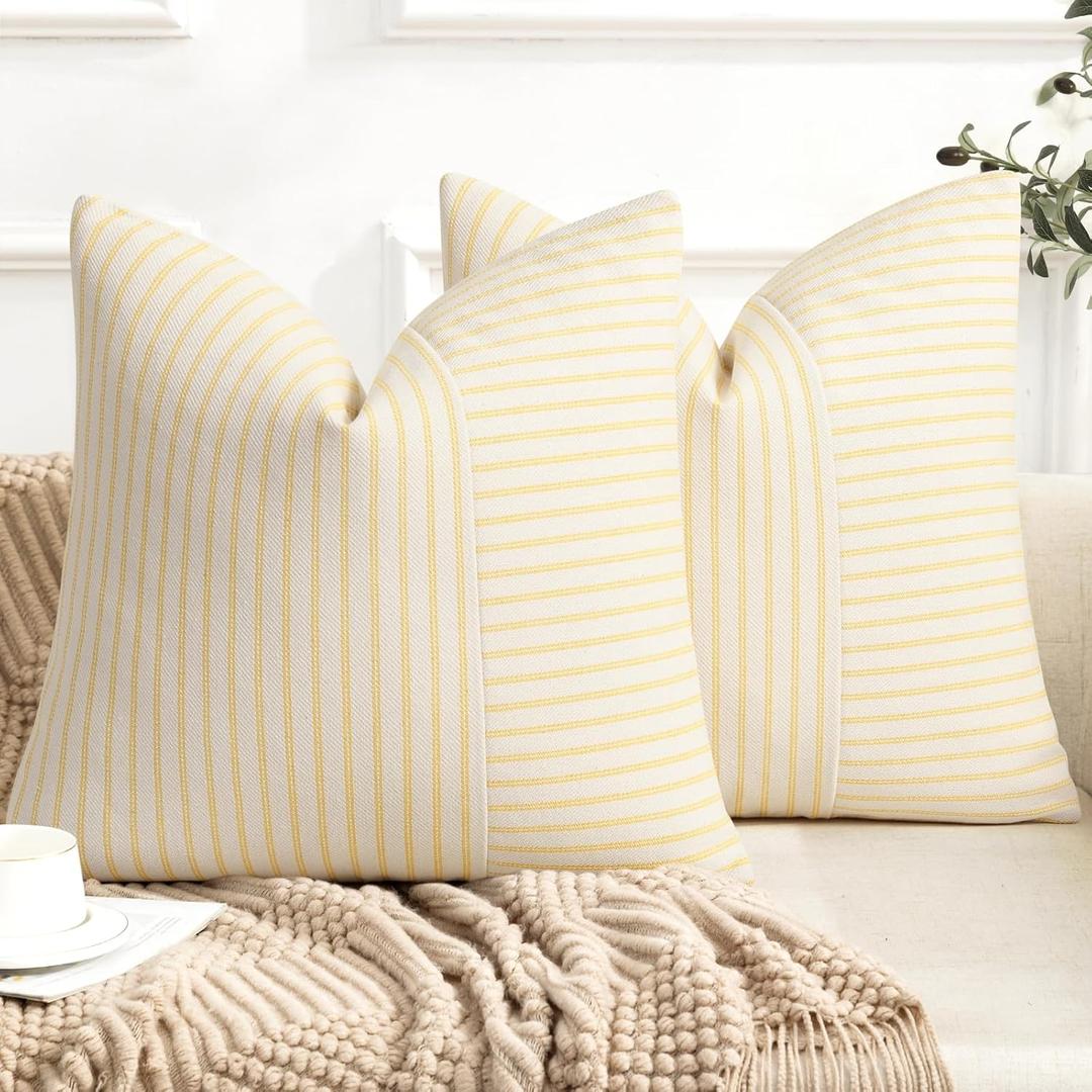YCOLL Farmhouse Pillow Covers 18x18, Modern Accent Square Throw Pillow Covers Set of 2, Yellow and Beige Striped Patchwork Linen Decorative Pillows Cushion Covers for Couch Chair Bedroom Home Decor