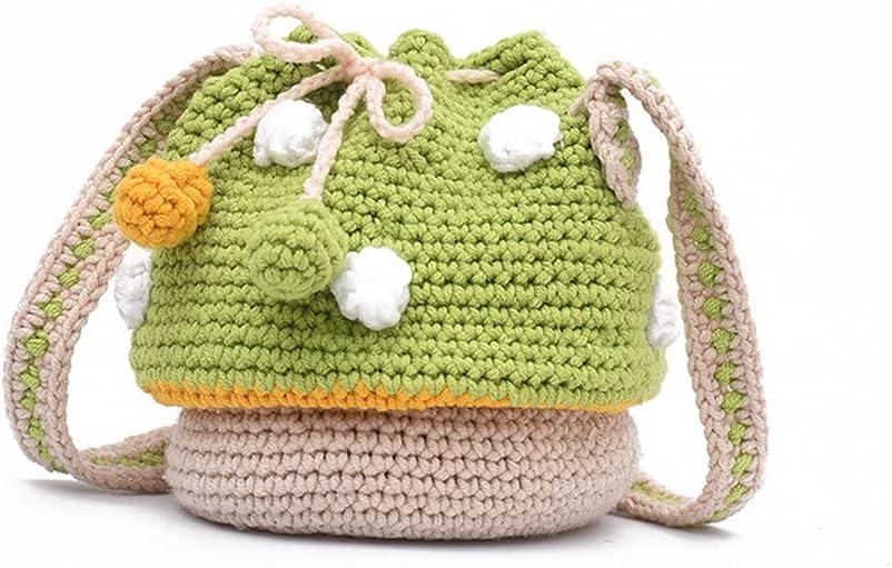 Handmade Knitted Purse Wool Knitted Mushroom Shoulder Bag for Women Crossbody Bucket Bag with Drawstring Green