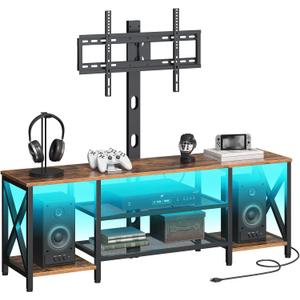 HOOBRO TV Stand with Mount and Power Outlet, LED Entertainment Center with Swivel Mount for 32/45/55/60/65/70/75 inch TVs, 3-Tier Storage Shelf for Living Room, Bedroom, Rustic Brown BF46UDDS01