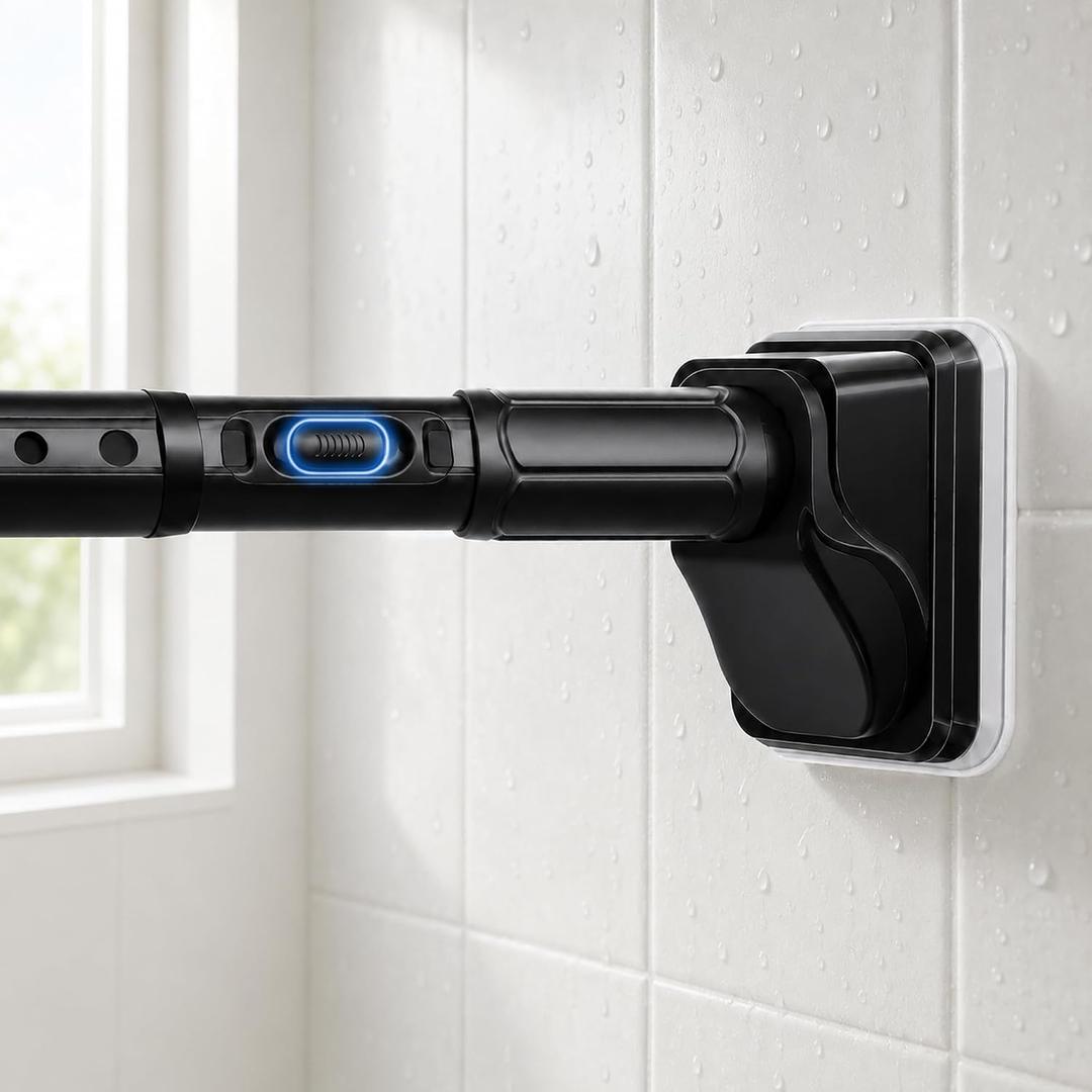 JILRON Black Shower Curtain Rod 32-96in(2.66-8ft),No Drill Curtain Rods,for Window,Shower Tension Bar-1.26" dia,One-Click Stretch Design, Upgraded Anti-Slip Pads