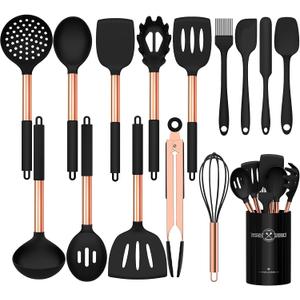 Silicone Cooking Utensil Set, Umite Chef Kitchen Utensils 15pcs Cooking Utensils Set Non-stick Silicone Rose Gold Handle Cooking Tools Whisk Kitchen Tools Set - Balck