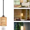 Rattan Pendant Light, 6 Inch 2-in-1 Boho Hanging Fixture with Iron Rods & Linen Shade, Adjustable Height & Sloped Ceiling Compatible for Kitchen Island Dining Room Farmhouse Bedroom, 1 Pack