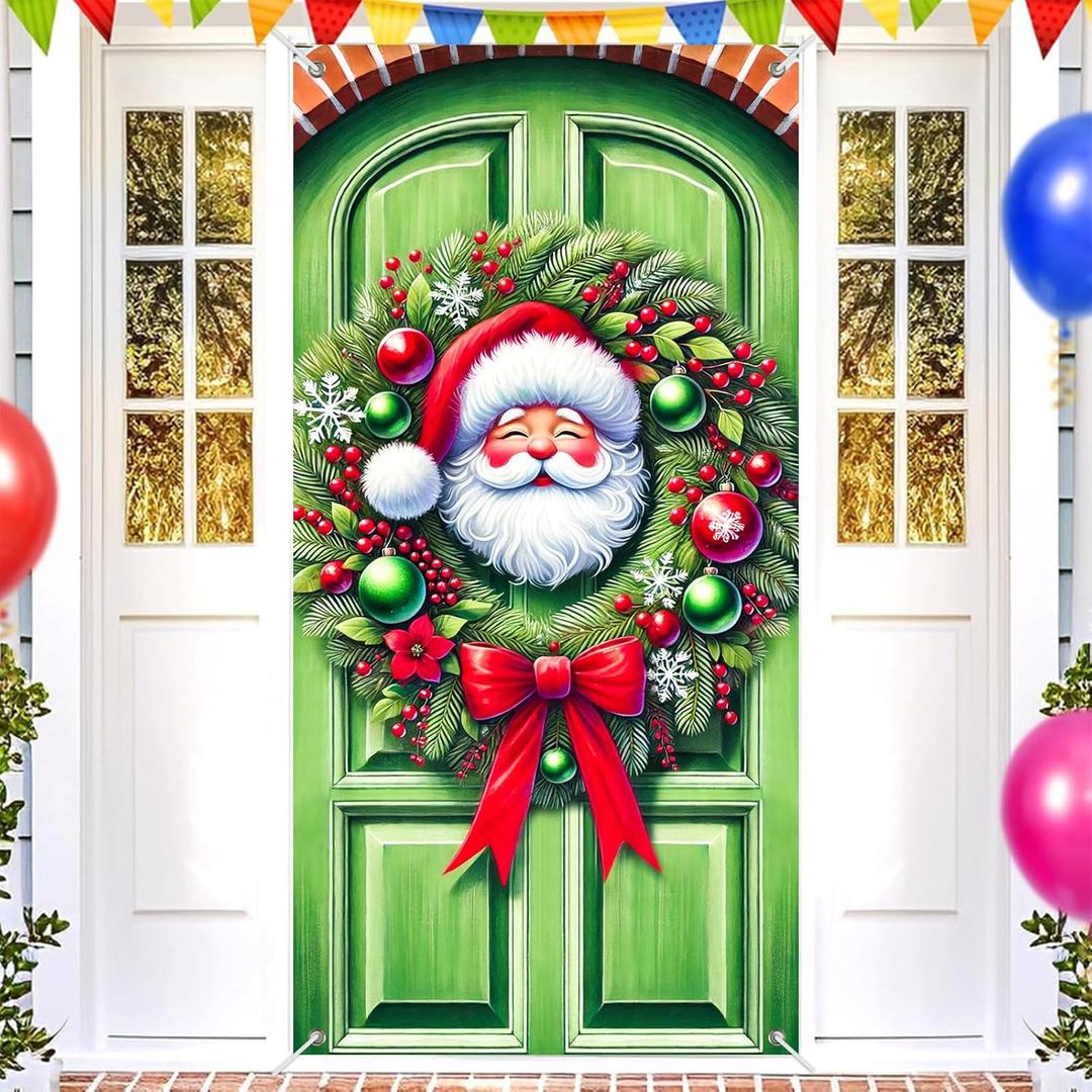 3 x Christmas Door Banner Set 35x71 Inch Santa Claus with Red Ribbon and Green Ornaments Home Porch Decoration Front Door Wall Hanging Party Holiday Outdoor Decoration