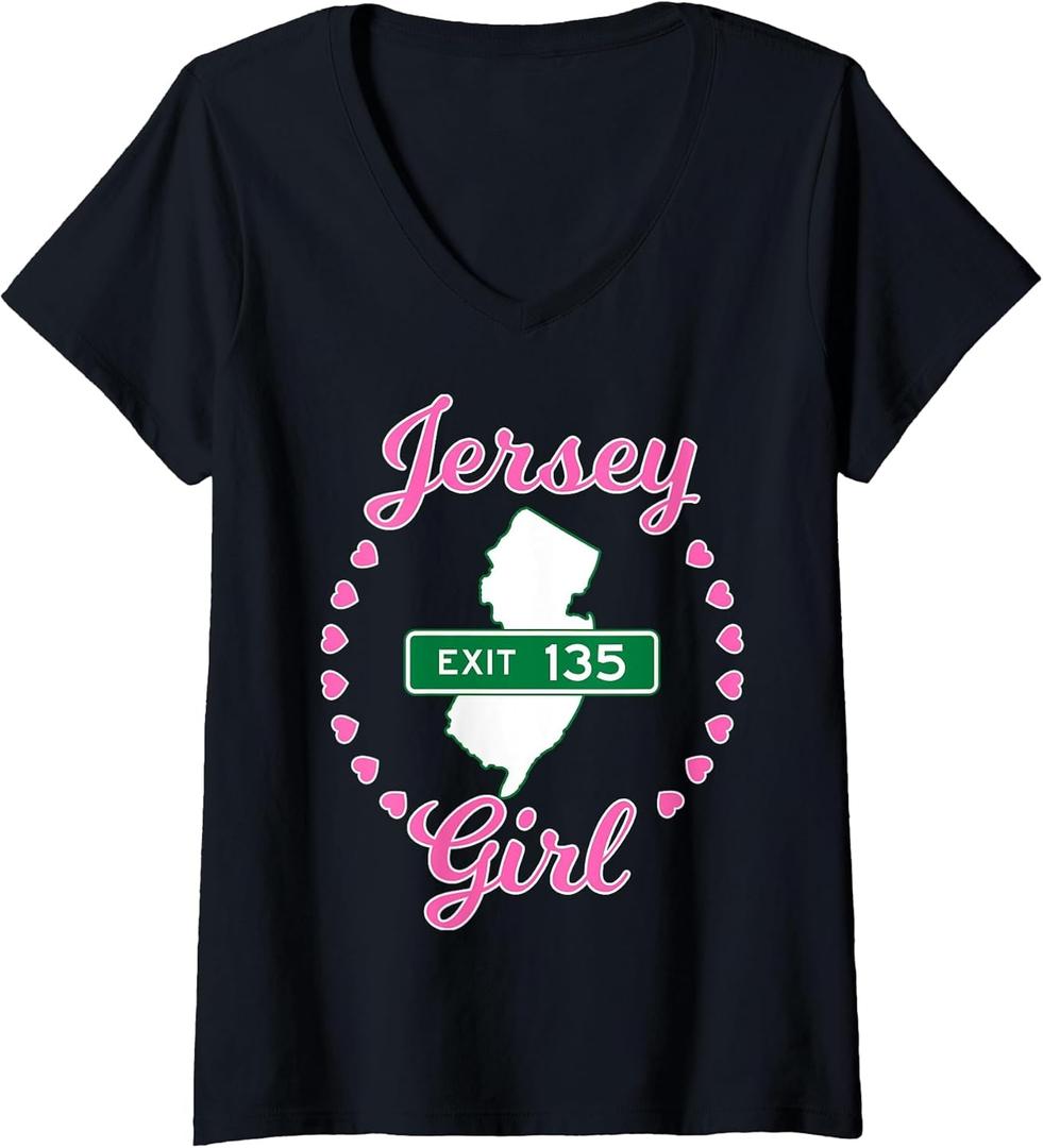 Women's New Jersey NJ GSP Garden State Parkway Jersey Girl Exit 135 V-Neck T-Shirt (Large, Black)