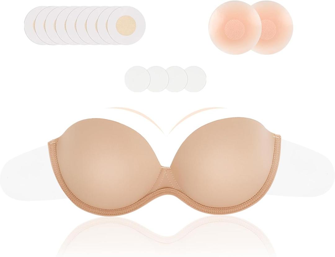 MIXILU Strapless Backless Bra - Invisible Sticky Push-up, Lightweight & Breathable Adhesive Bra for Backless Dresses (DD, Nude)