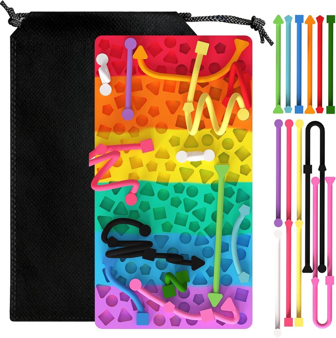 BOXIEPIC Sensory Activity Board, Stress Relief Silicone Quiet Toddler Sensory Toy, ADHD & Autism Sensory Toys for Kids & Adults | Includes Portable Travel Bag & 12 Strings