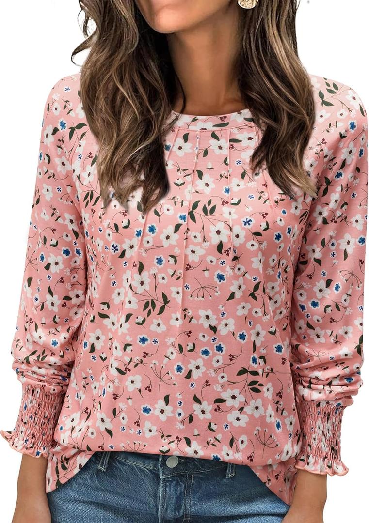 Long Sleeve Shirts for Women 2026 Spring Dressy Casual Blouses Pleated Crewneck Tunic Tops for Leggings Cute Tee (XX-Large, Pink Floral)